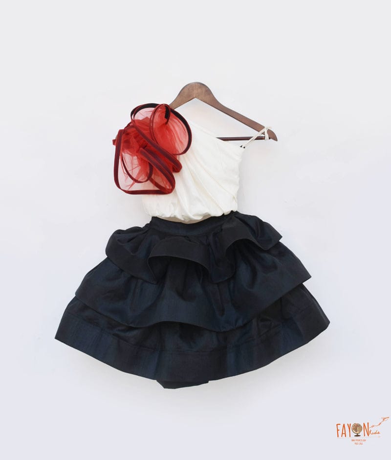 Fayon Kids Off white Black Silk Crop Top with Skirt attached Net Frill for Girls