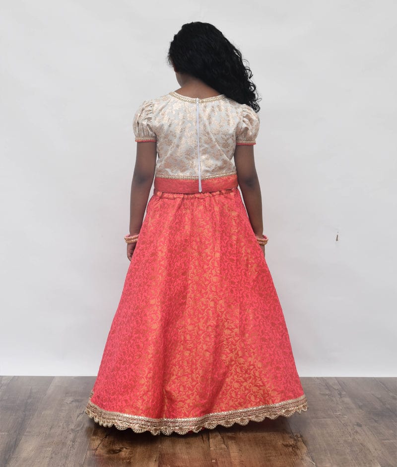 Fayon Kids Off white Chanderi Coral Pattu Lehenga with Choli for Girls