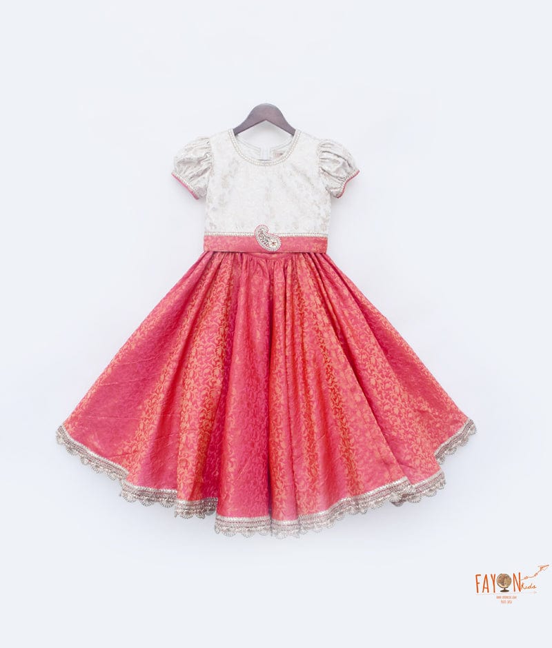 Fayon Kids Off white Chanderi Coral Pattu Lehenga with Choli for Girls