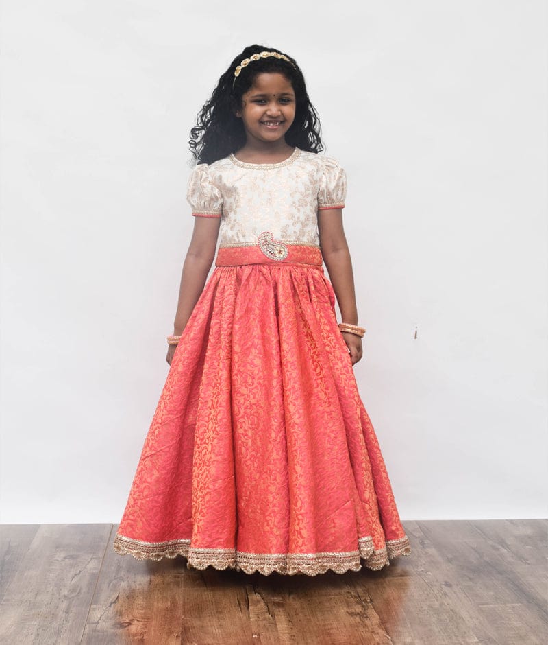 Fayon Kids Off white Chanderi Coral Pattu Lehenga with Choli for Girls