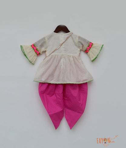 Fayon Kids Off white Chanderi Pink Cotton Cambric Dhoti Set for Girls