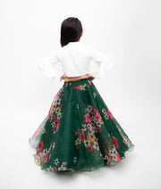 Off white Cotton Silk Green Organza Printed Lehenga with Tie Knotted Top for Girls