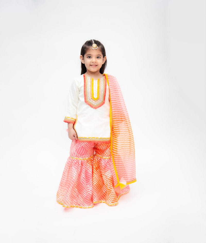 Fayon Kids Off white Cotton Silk Pink Kotta Print Sharara with Kurti Printed Kotta Dupatta for Girls