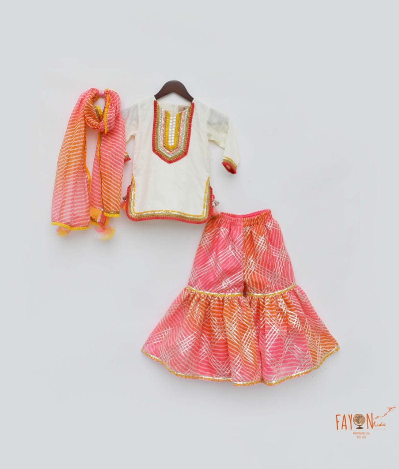 Fayon Kids Off white Cotton Silk Pink Kotta Print Sharara with Kurti Printed Kotta Dupatta for Girls