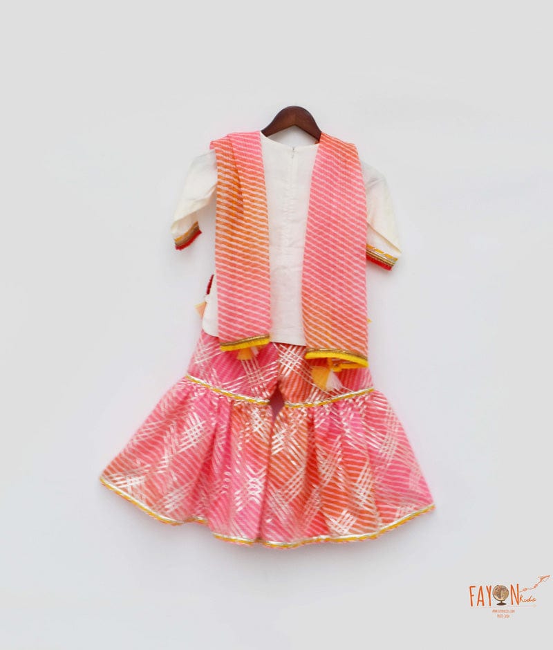 Fayon Kids Off white Cotton Silk Pink Kotta Print Sharara with Kurti Printed Kotta Dupatta for Girls