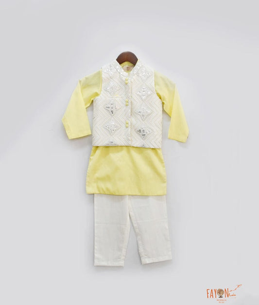 Fayon Kids Off white Embroidery Jacket with Yellow Kurta Pant for Boys