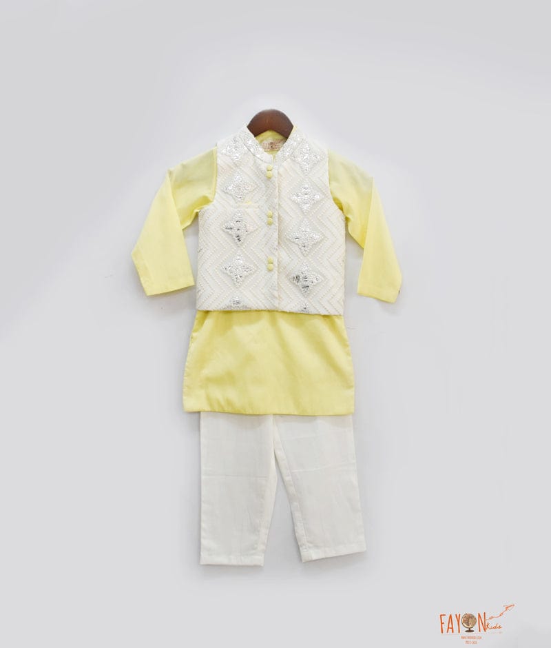 Off white Embroidery Jacket with Yellow Kurta Pant for Boys