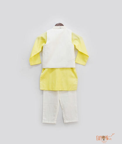 Fayon Kids Off white Embroidery Jacket with Yellow Kurta Pant for Boys