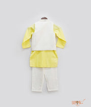 Off white Embroidery Jacket with Yellow Kurta Pant for Boys