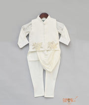 Off white Embroidery Nehru Jacket with Cowl Kurta Chudidar for Boys