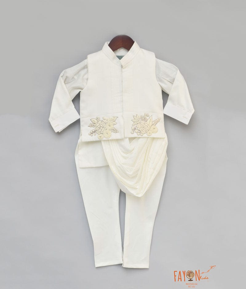 Off white Embroidery Nehru Jacket with Cowl Kurta Chudidar for Boys