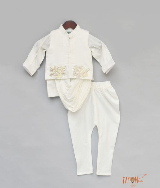 Off white Embroidery Nehru Jacket with Cowl Kurta Chudidar for Boys