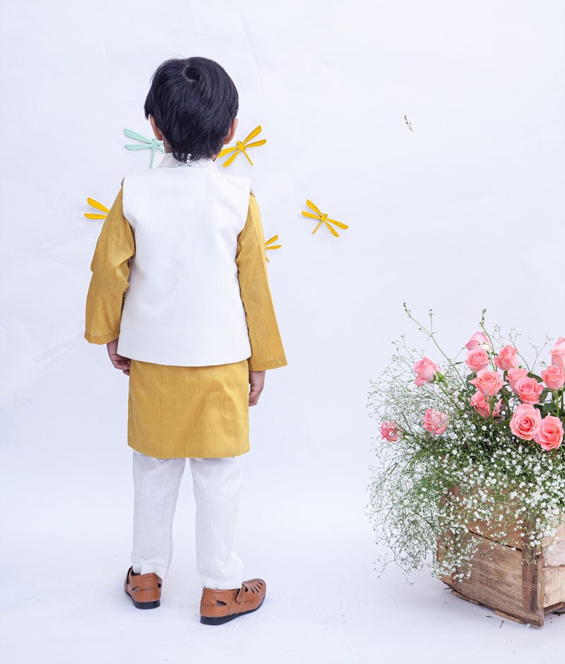 Fayon Kids Off white Embroidery Nehru Jacket with Musterd Yellow Kurta Chudidar for Boys