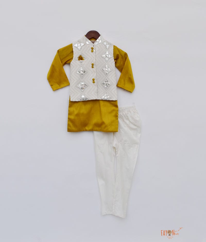 Fayon Kids Off white Embroidery Nehru Jacket with Musterd Yellow Kurta Chudidar for Boys