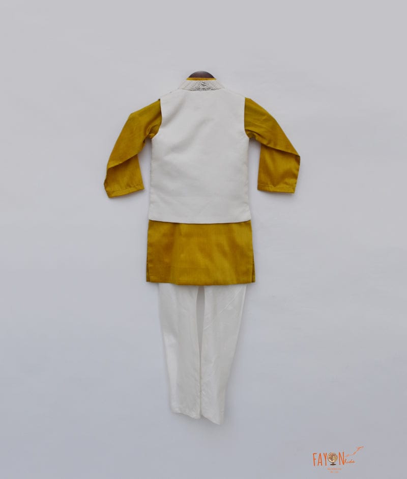 Fayon Kids Off white Embroidery Nehru Jacket with Musterd Yellow Kurta Chudidar for Boys