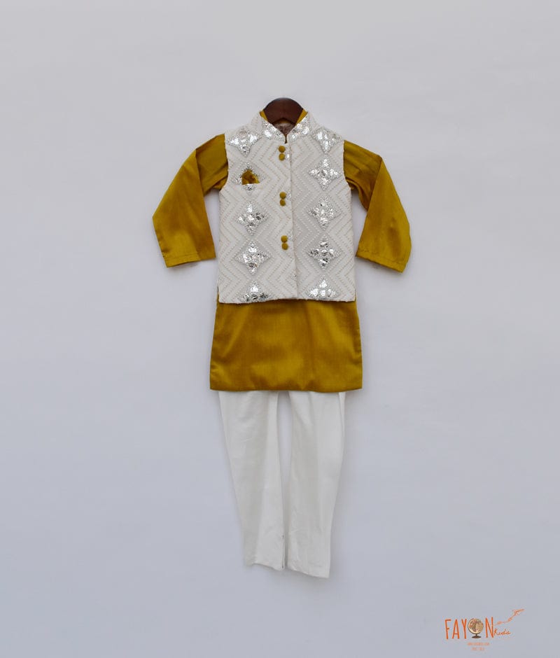 Fayon Kids Off white Embroidery Nehru Jacket with Musterd Yellow Kurta Chudidar for Boys