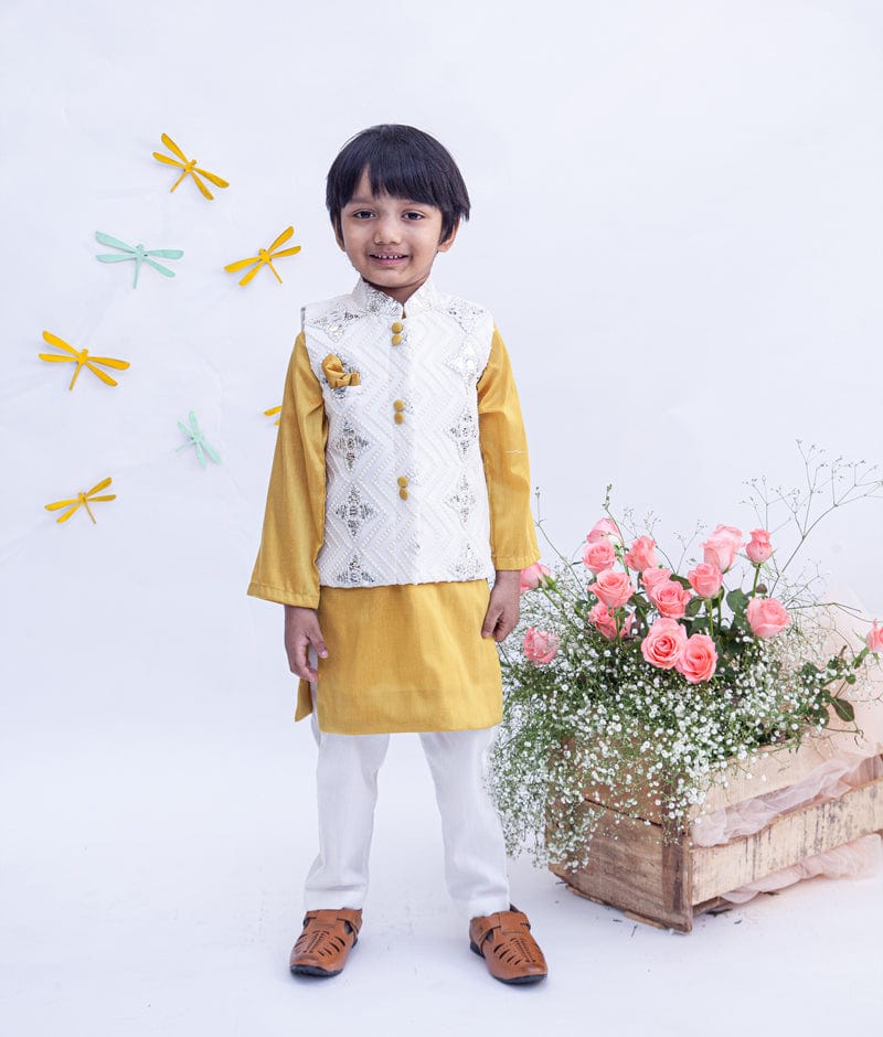 Fayon Kids Off white Embroidery Nehru Jacket with Musterd Yellow Kurta Chudidar for Boys