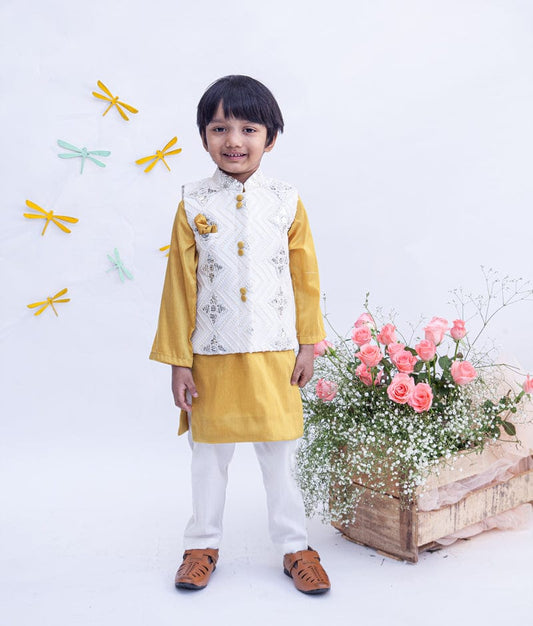 Off white Embroidery Nehru Jacket with Musterd Yellow Kurta Chudidar for Boys
