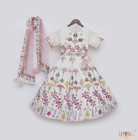 Off white Hand Painted Anarkali with Net Dupatta for Girls