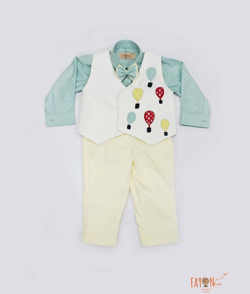 Fayon Kids Off white Hot Air Balloons Motif Waist Coat with Acqua Shirt Lemon Yellow Pant for Boys