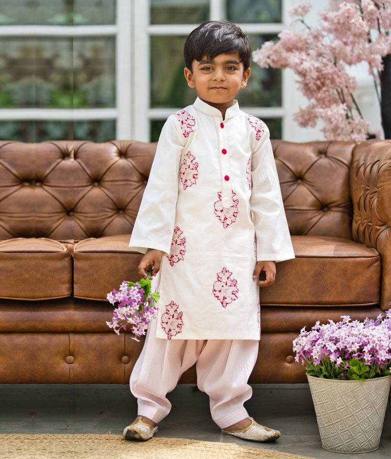 Off White Kurta and Pink Salwar for Boys
