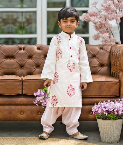 Off White Kurta and Pink Salwar for Boys