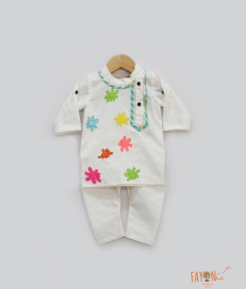 Off white Kurta with Multi Color Splashes Off white Chudidar for Boys