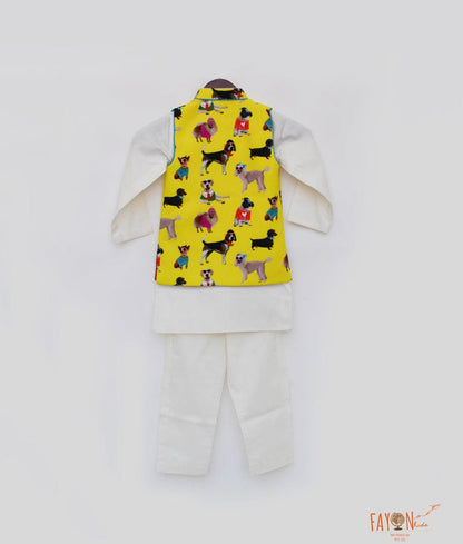 Fayon Kids Off white Kurta with Printed Jacket Pant for Boys