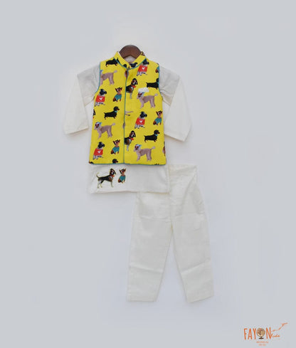 Fayon Kids Off white Kurta with Printed Jacket Pant for Boys