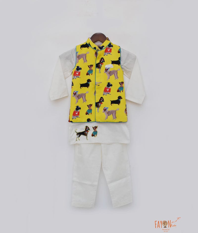 Fayon Kids Off white Kurta with Printed Jacket Pant for Boys