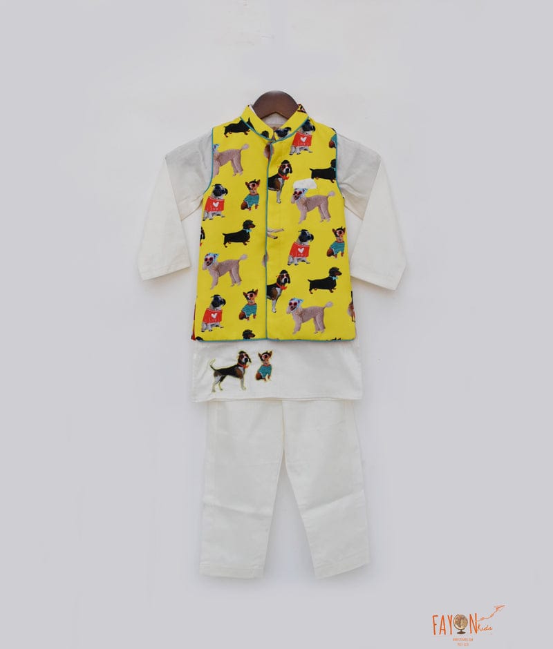 Off white Kurta with Printed Jacket Pant for Boys