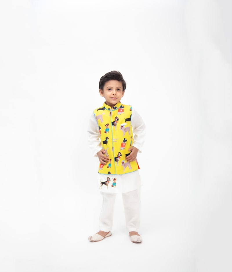 Fayon Kids Off white Kurta with Printed Jacket Pant for Boys