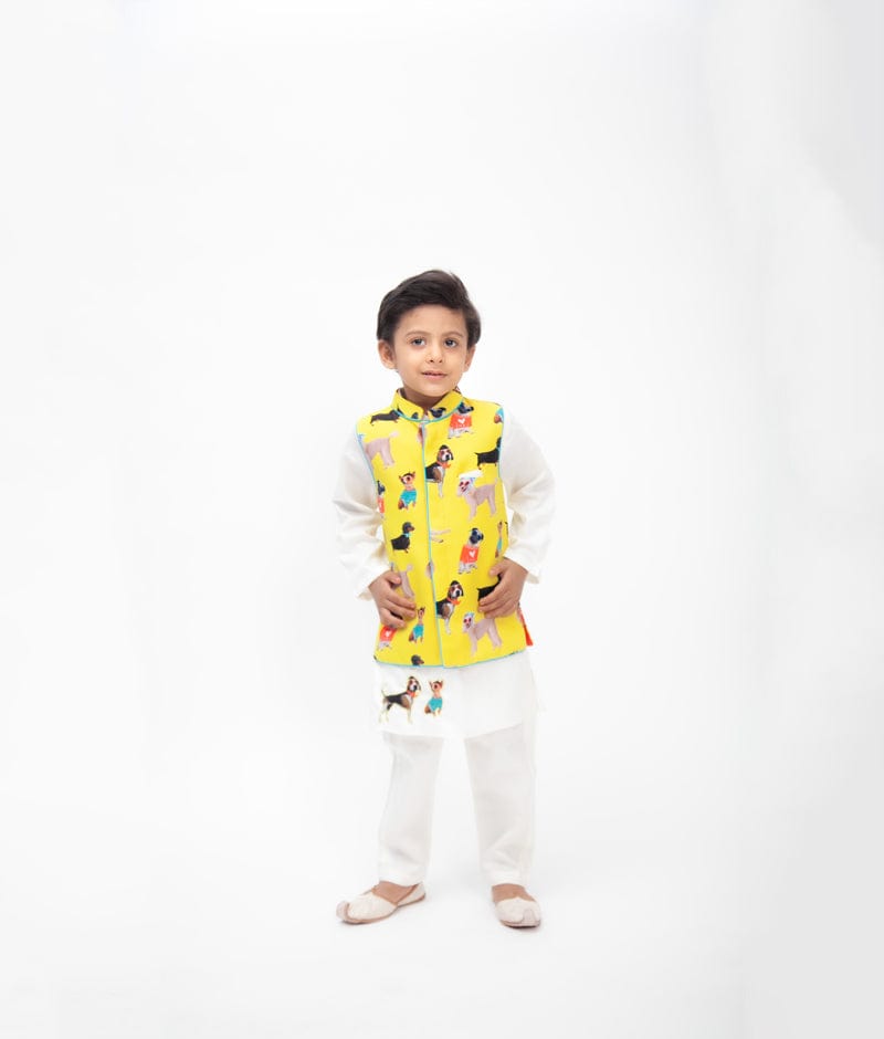 Off white Kurta with Printed Jacket Pant for Boys