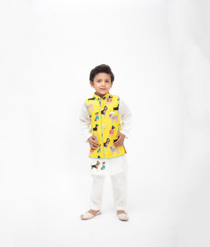 Off white Kurta with Printed Jacket Pant for Boys
