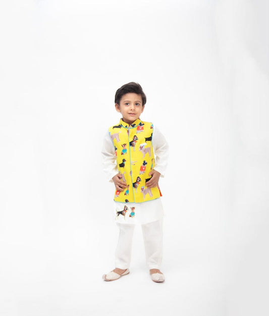 Off white Kurta with Printed Jacket Pant for Boys
