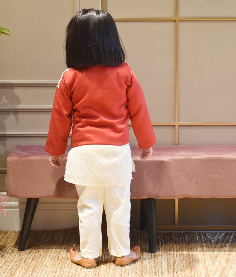 Off-White Kurta with Red Embroidered Jacket Off White Churidar set for boys