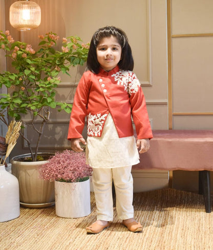 Fayon Kids Off-White Kurta with Red Embroidered Jacket Off White Churidar set for boys