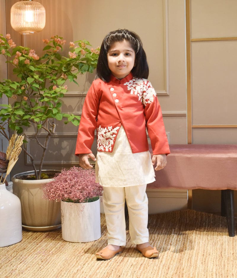 Off-White Kurta with Red Embroidered Jacket Off White Churidar set for boys
