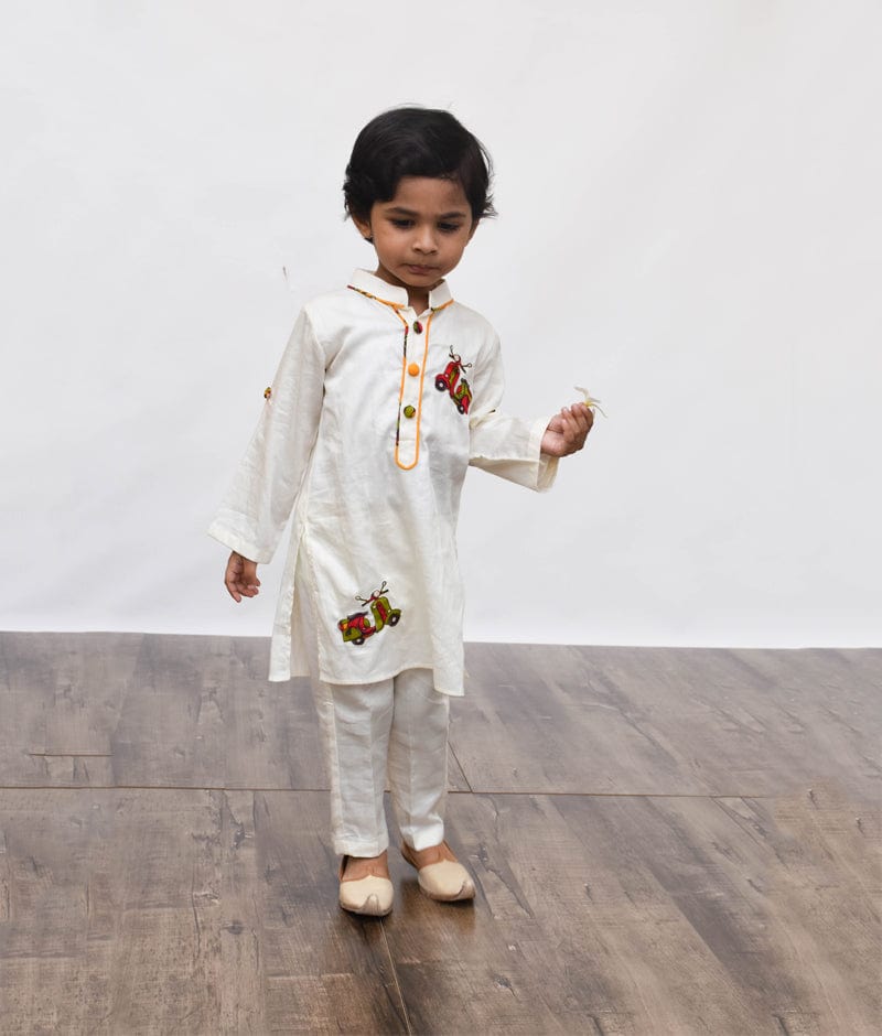 Fayon Kids Off white Kurta with Scooter Motif Pant for Boys