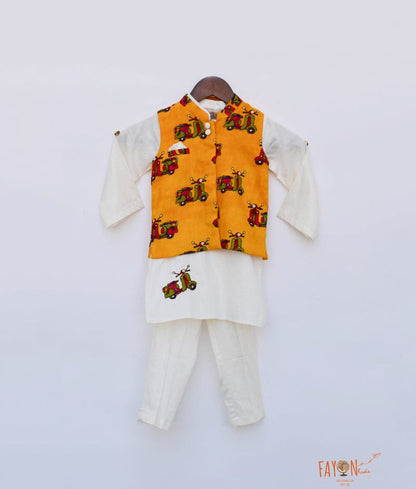 Shop Off White Kurta with Scooter Print Jacket Pant for Boys 