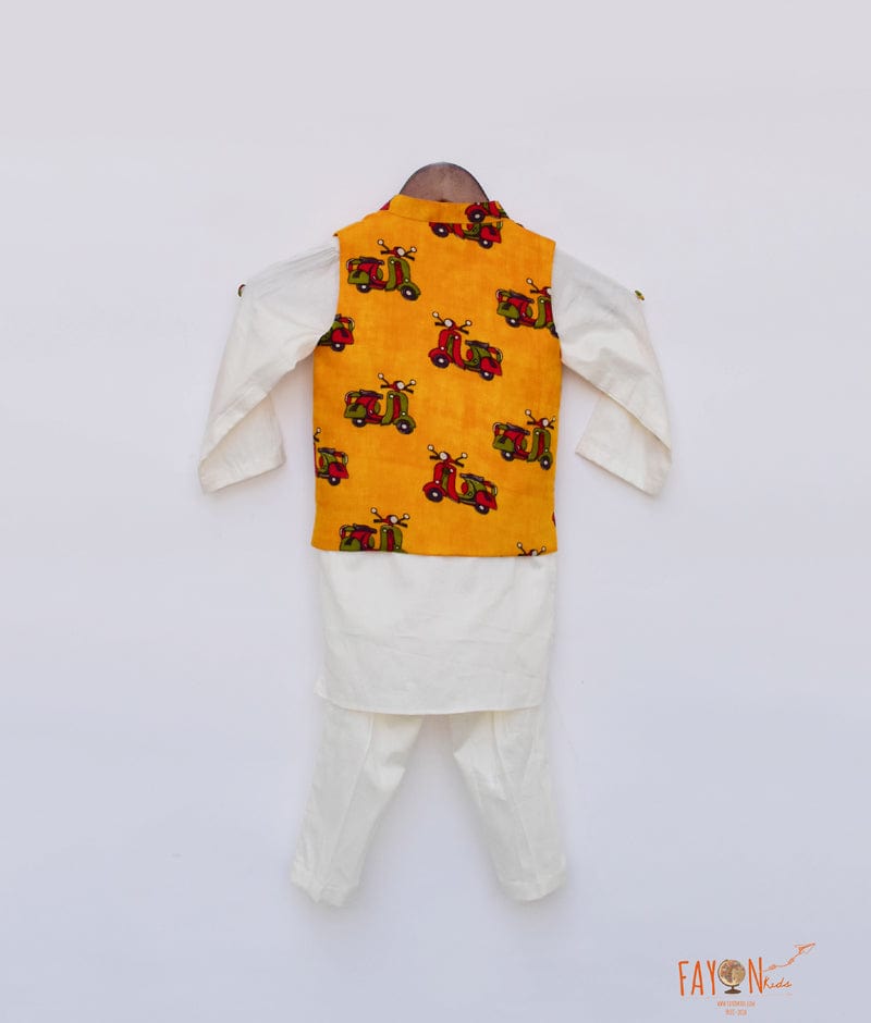 Shop Off White Kurta with Scooter Print Jacket Pant for Boys 