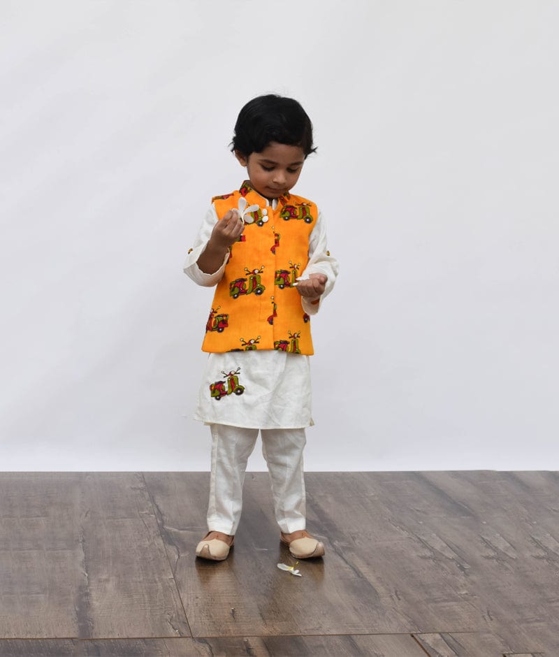 Fayon Kids Off white Kurta with Scooter Print Jacket Pant for Boys