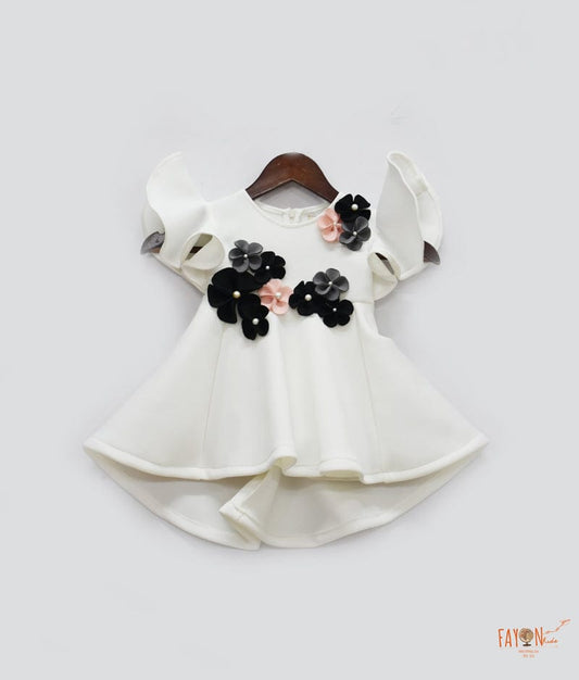 Fayon Kids Off white Lycra Dress with Lycra Flowers for Girls