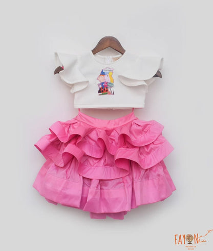 Fayon Kids Off white Lycra Top and Pink Silk Skirt for Girls