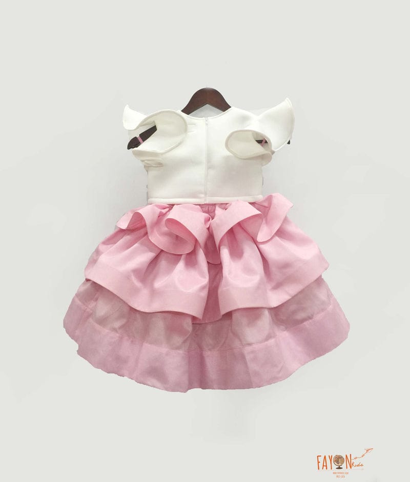 Fayon Kids Off white Neoprene Baby Pink Silk Doll Emblem Crop Top with Skirt for Girls