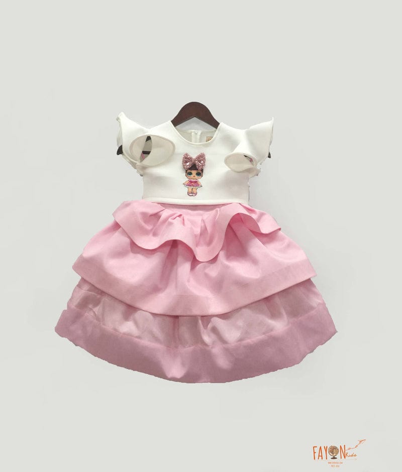 Fayon Kids Off white Neoprene Baby Pink Silk Doll Emblem Crop Top with Skirt for Girls