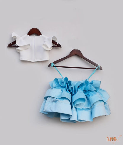 Fayon Kids Off white Neoprene Blue Silk Crop Top with Skirt for Girls