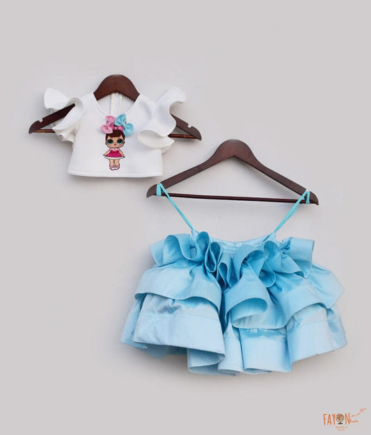 Fayon Kids Off white Neoprene Blue Silk Crop Top with Skirt for Girls