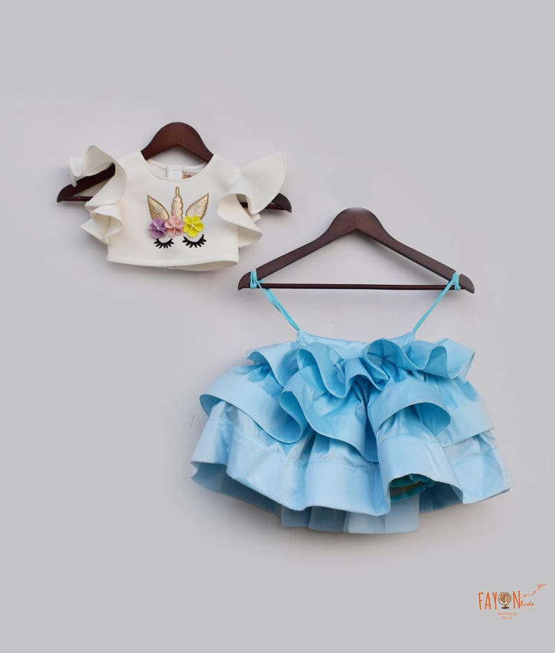 Fayon Kids Off white Neoprene Blue Silk Unicorn Top with Skirt for Girls