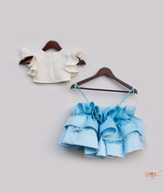 Buy Off White Neoprene Blue Silk Unicorn Top with Skirt Girls